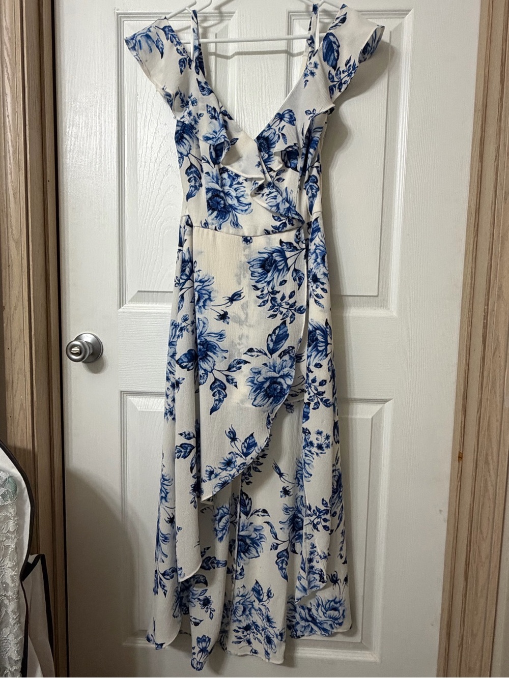 by & by White Dress with Blue Floral Ruffle High-Low Hem